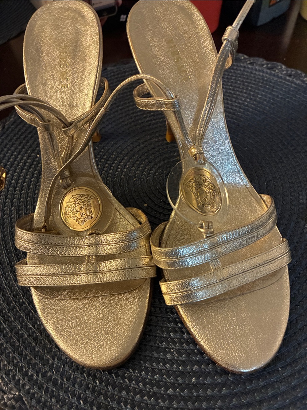 Versace Metallic Gold Strappy Heeled Sandals